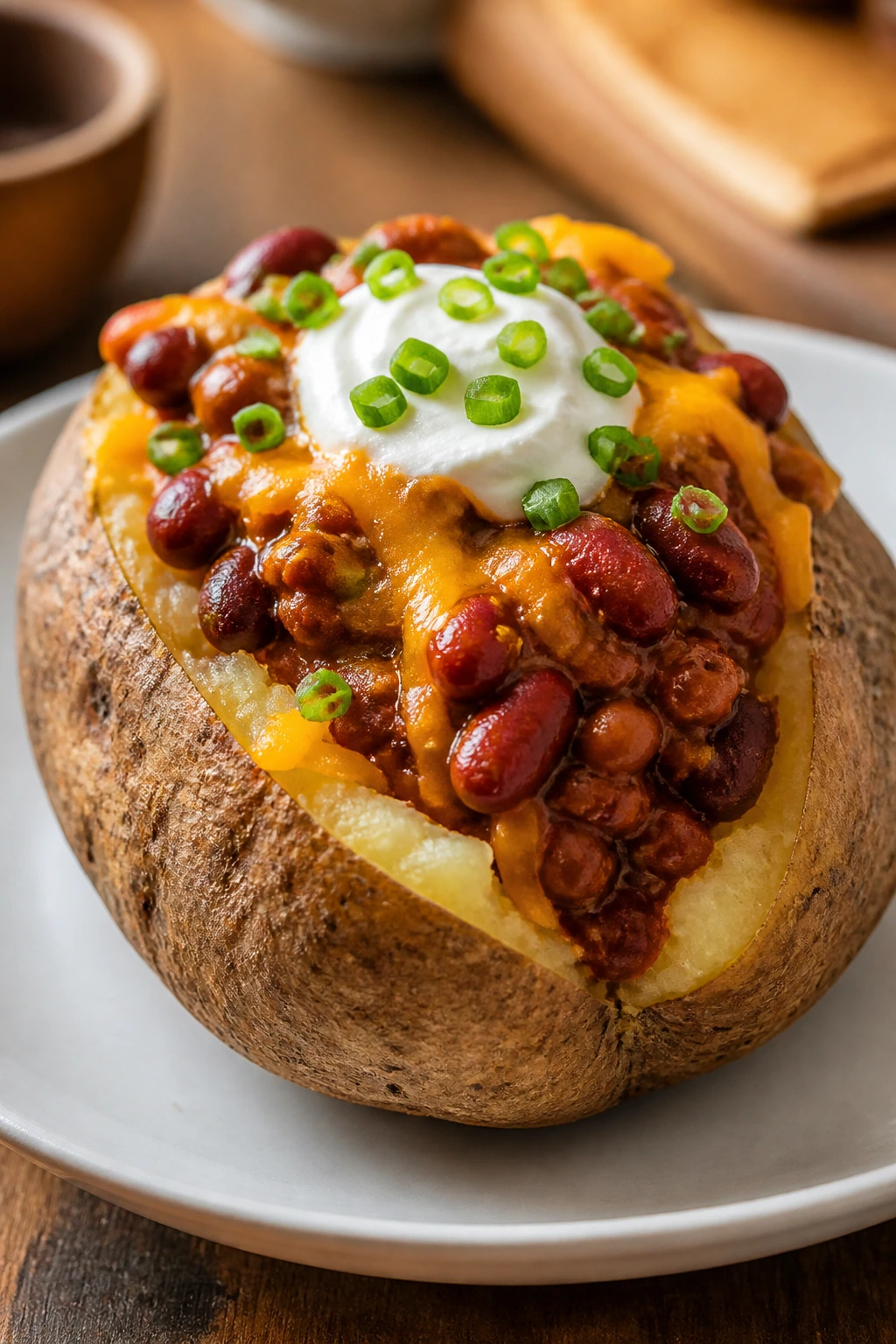 Loaded baked potato topped with beans and cheese
