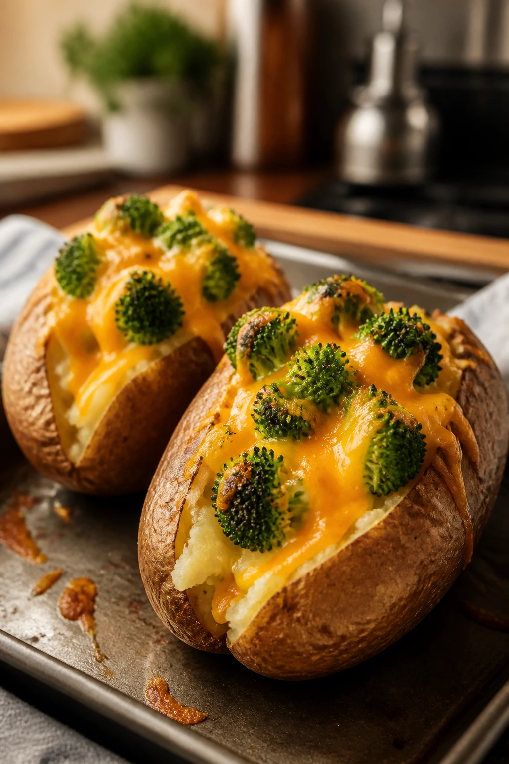 Potatoes topped with broccoli and cheddar melting, in a warm kitchen.