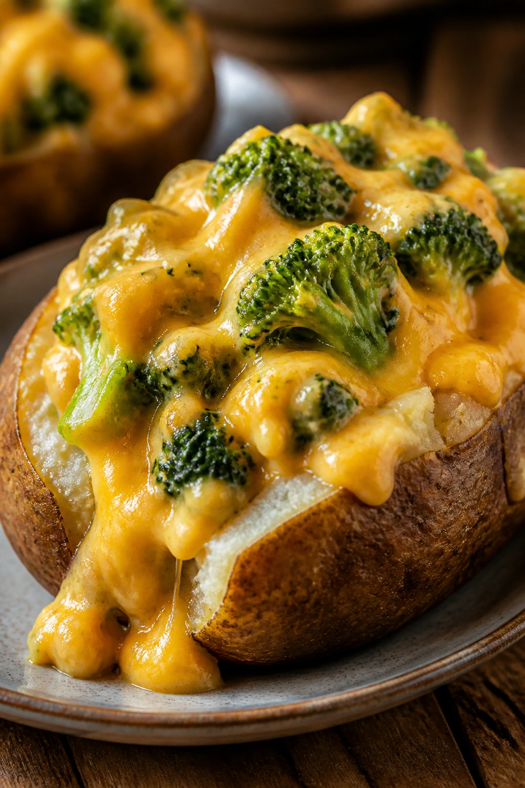Halved russet potato stuffed with broccoli and cheddar sauce on a rustic plate