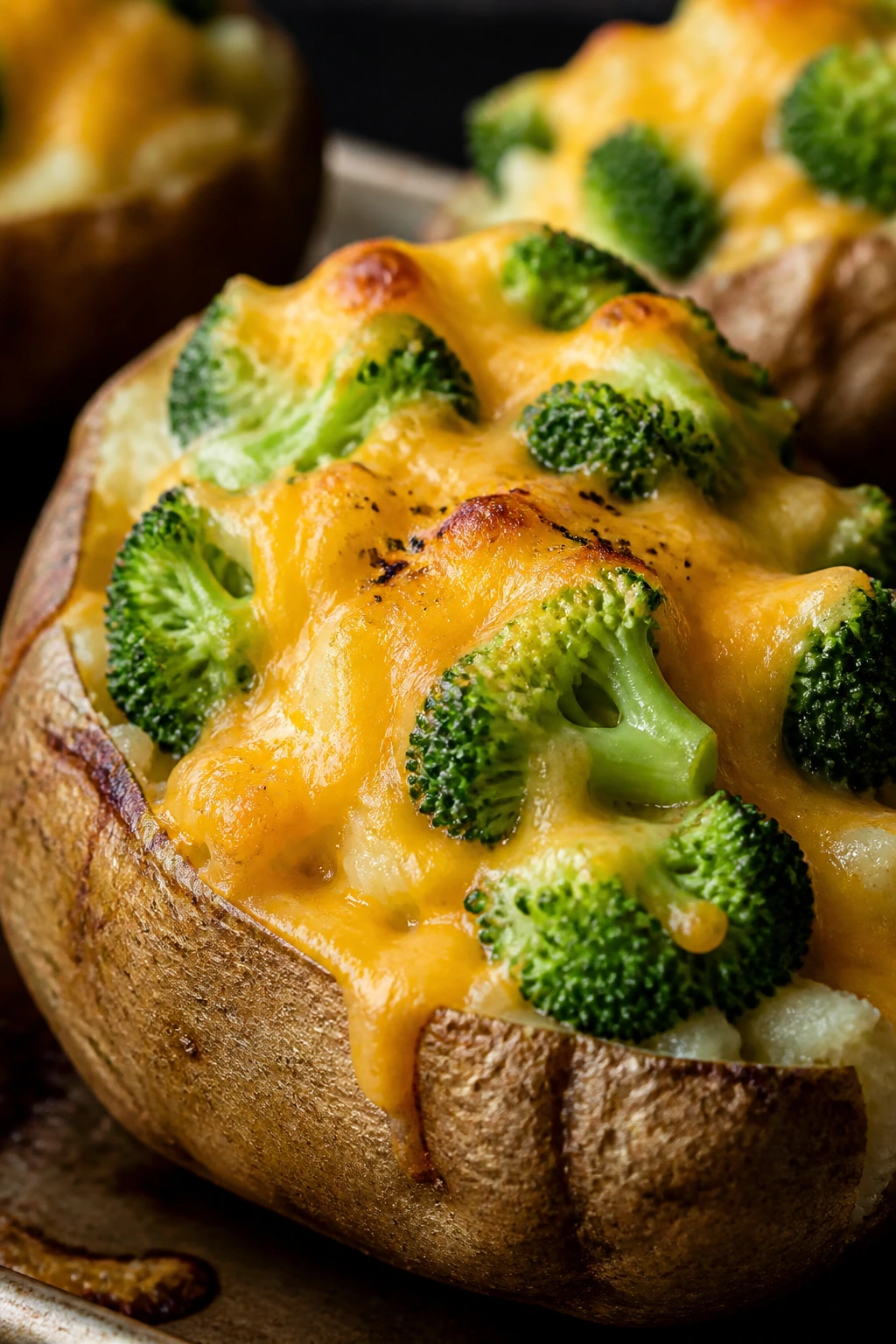 Close-up of loaded broccoli cheddar baked potato