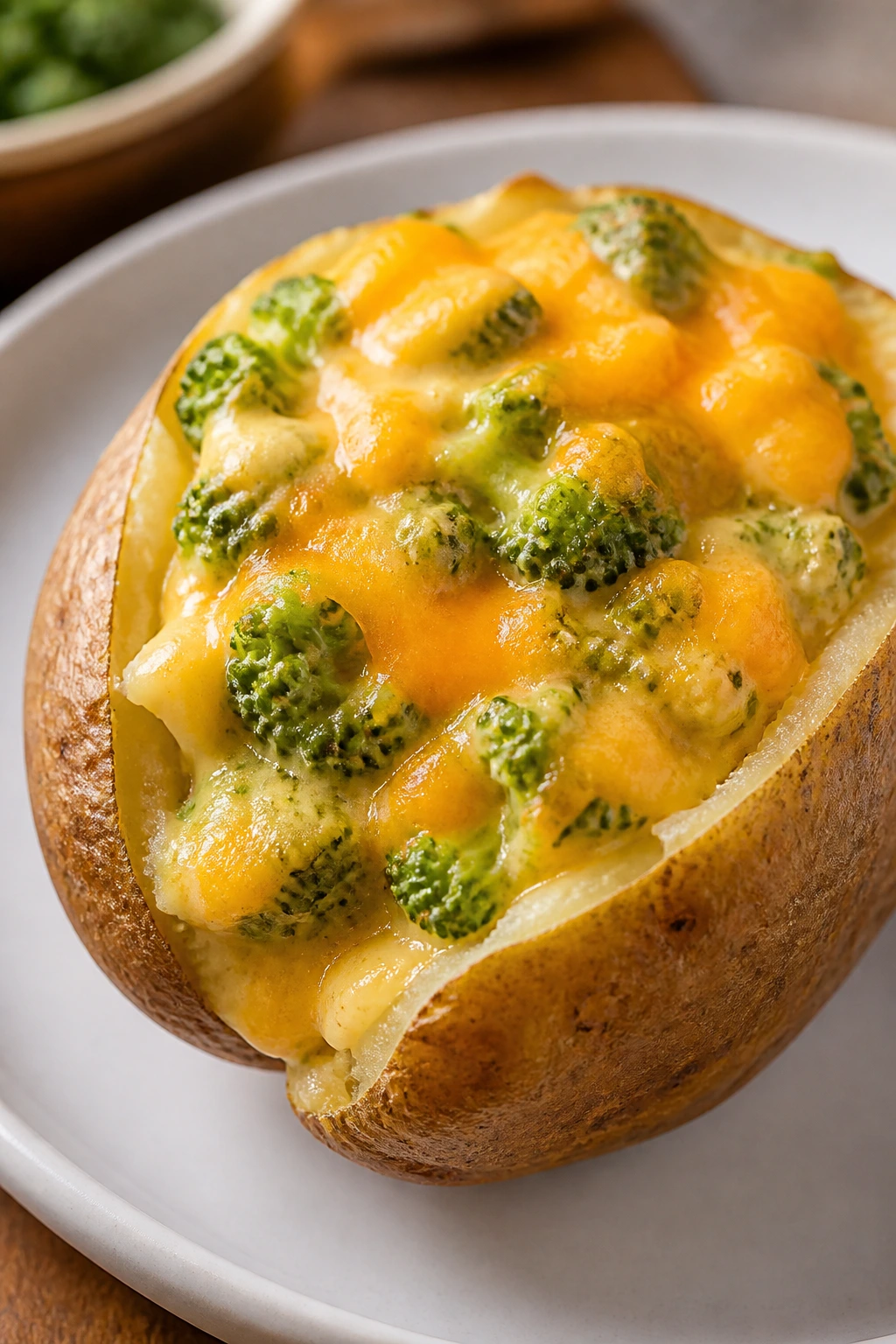 Halved baked potato with broccoli cheddar filling