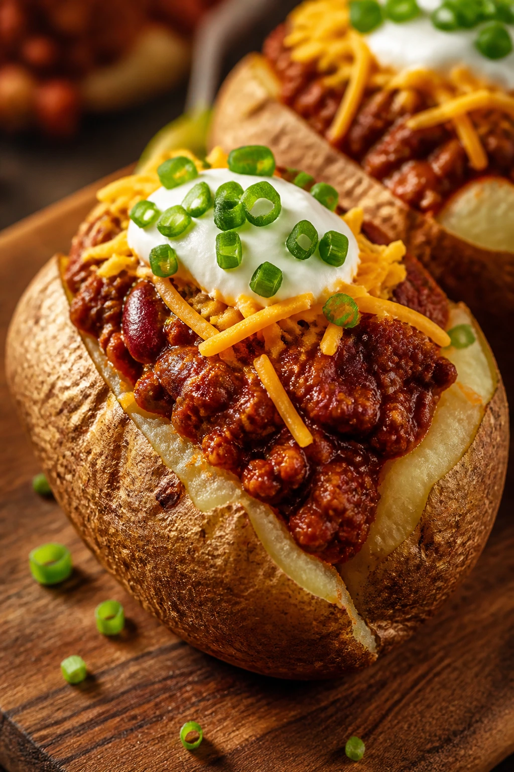 Close-up of loaded baked potato with chili and cheddar
