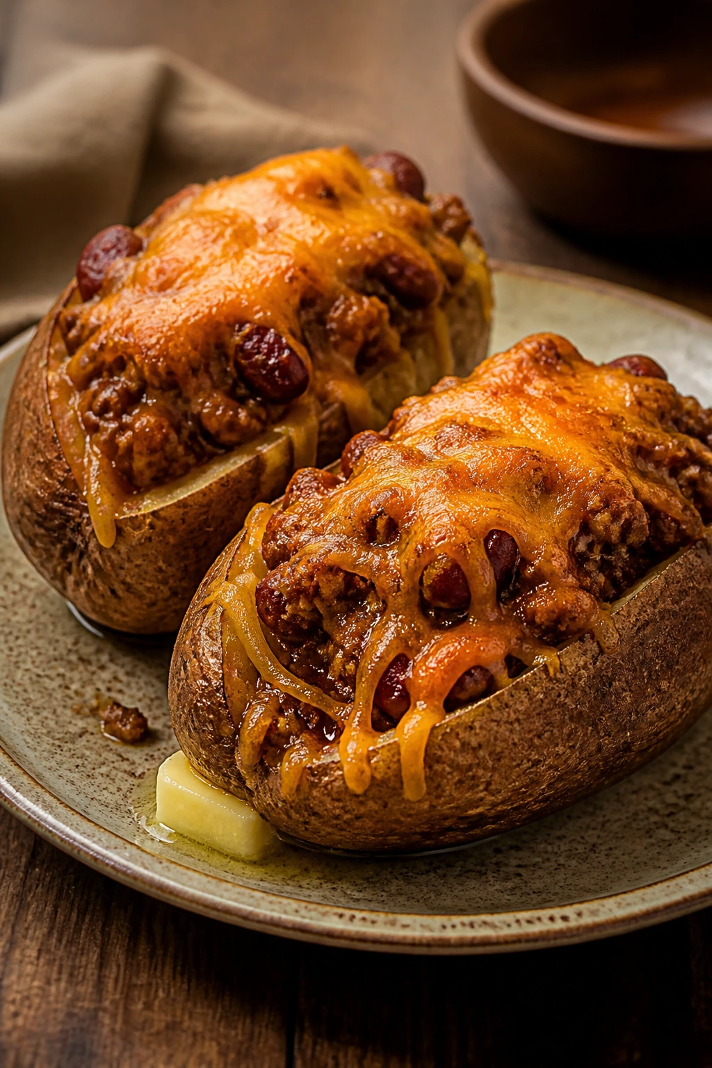 Two halved baked potatoes topped with chili and cheddar on a rustic plate in a warm kitchen.