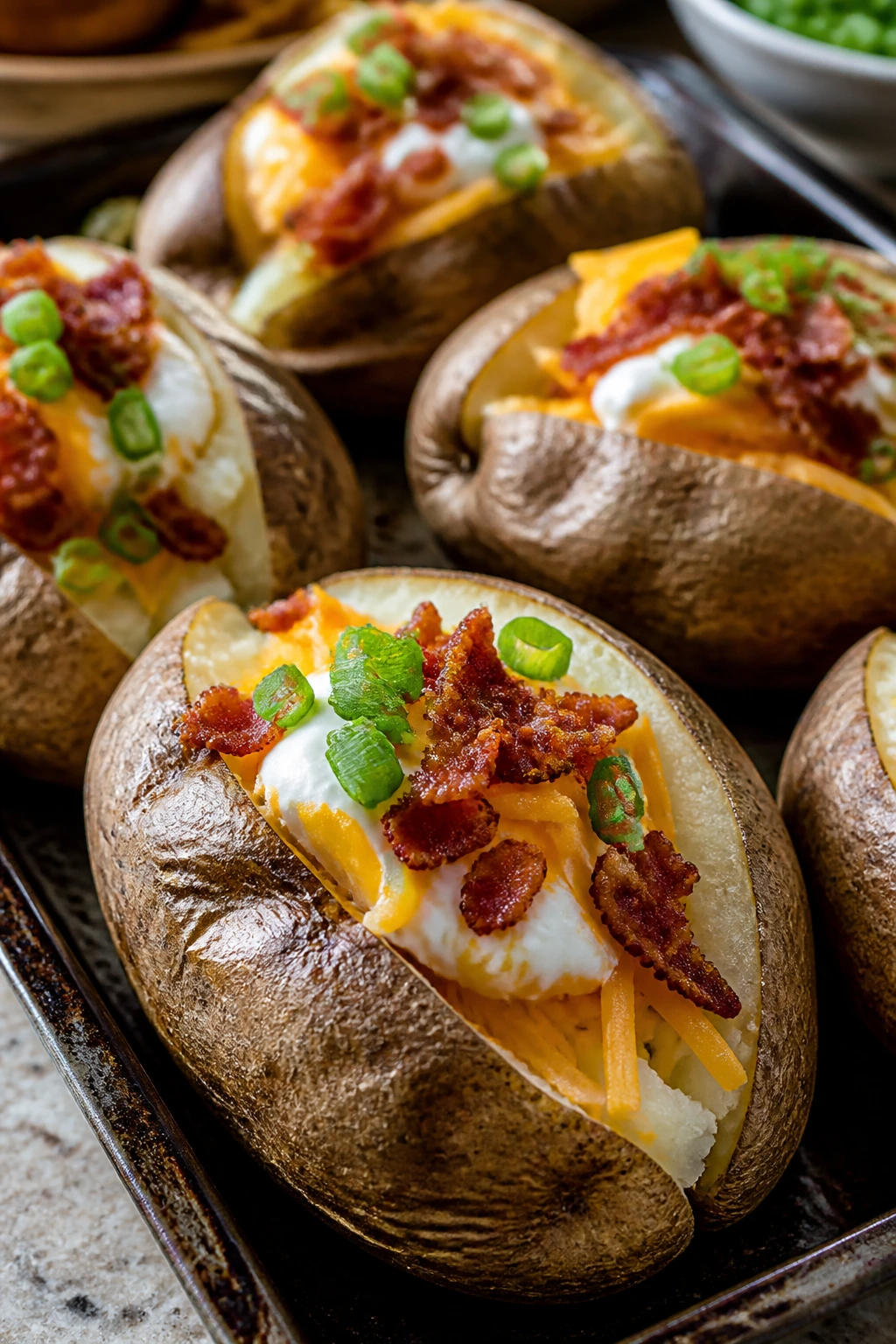 Tray of loaded baked potatoes with toppings in a warm kitchen