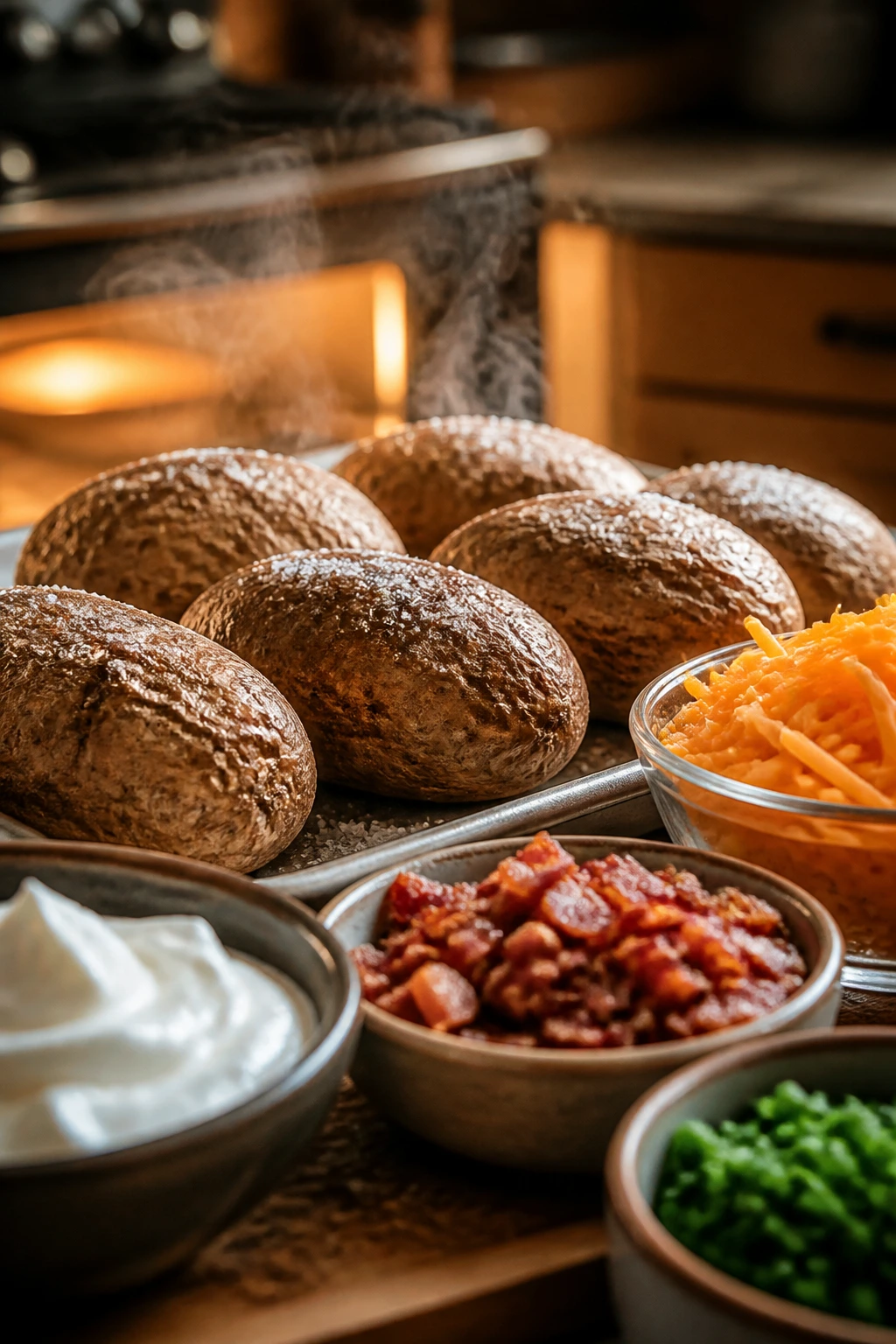 Close-up of baked potatoes with toppings arranged like a potato bar