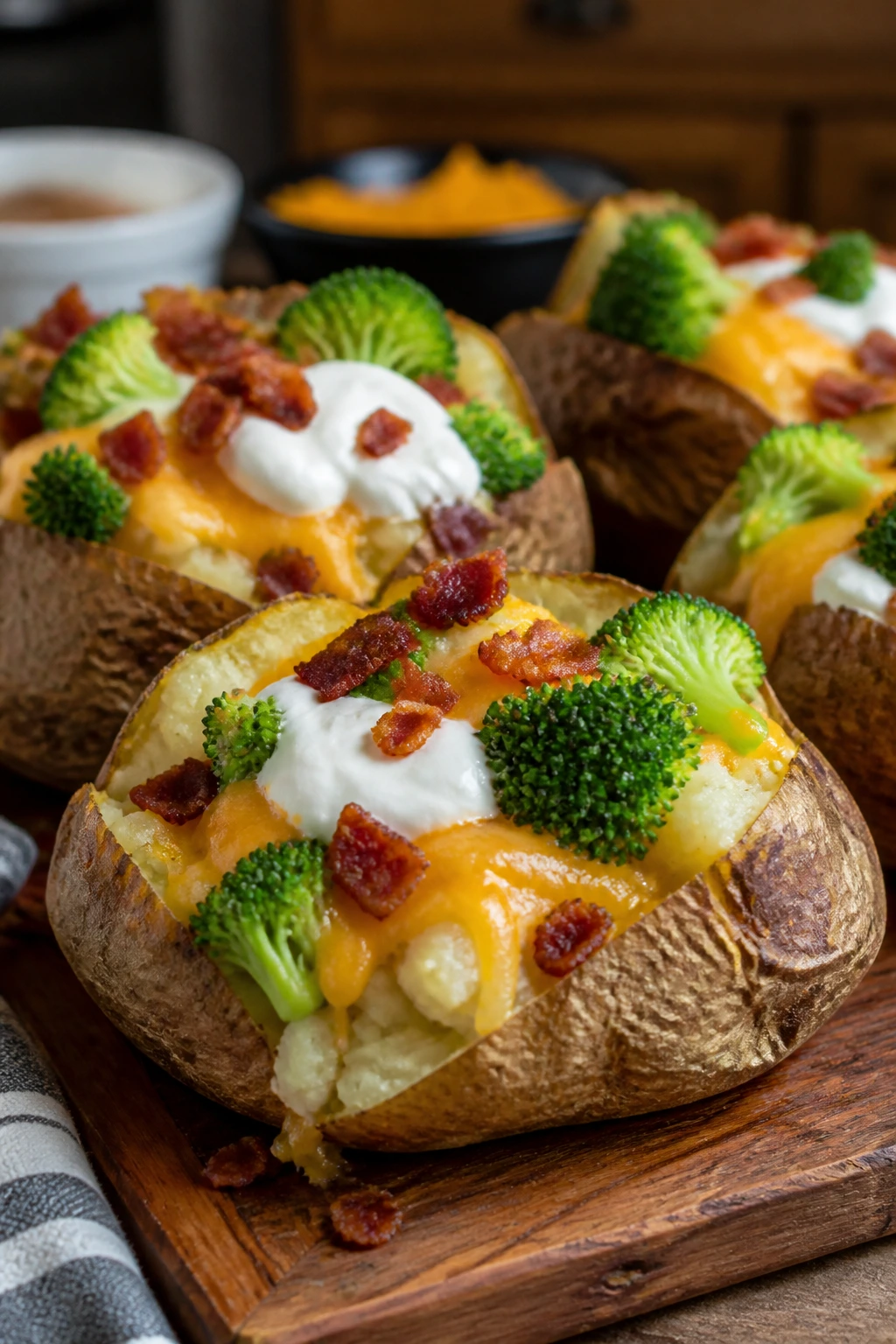 Close-up of loaded baked potatoes with cheese, sour cream, and toppings on a wooden board