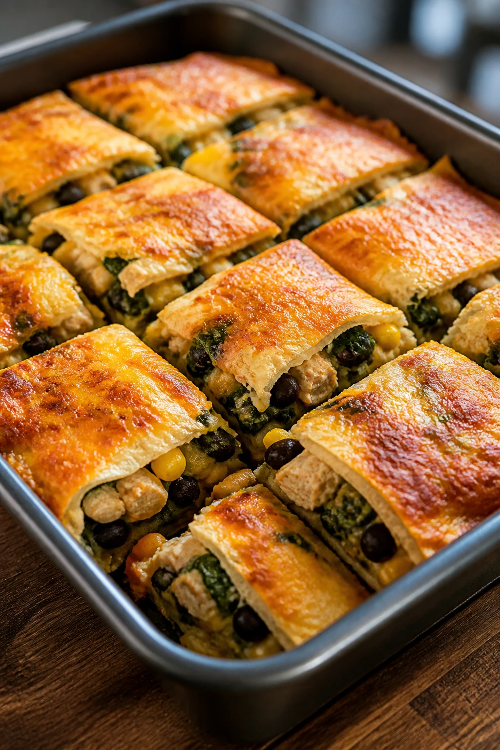Baked quesadilla squares with chicken beans corn spinach and cheese