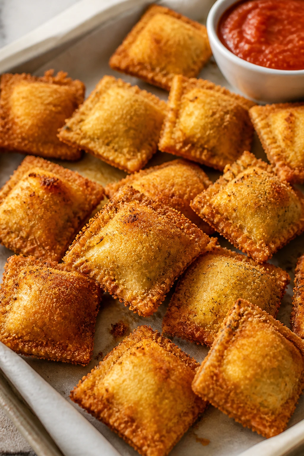 Crispy baked ravioli bites on parchment on a sheet pan in a bright kitchen