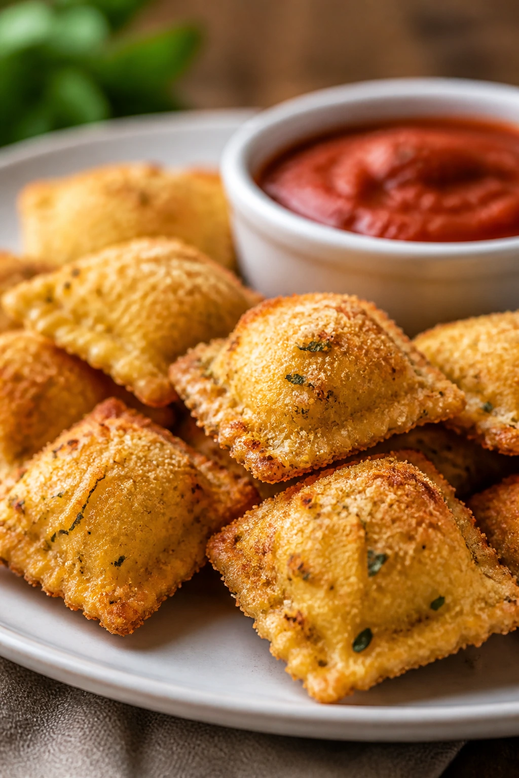 Golden baked ravioli bites with breadcrumb crust and marinara dip