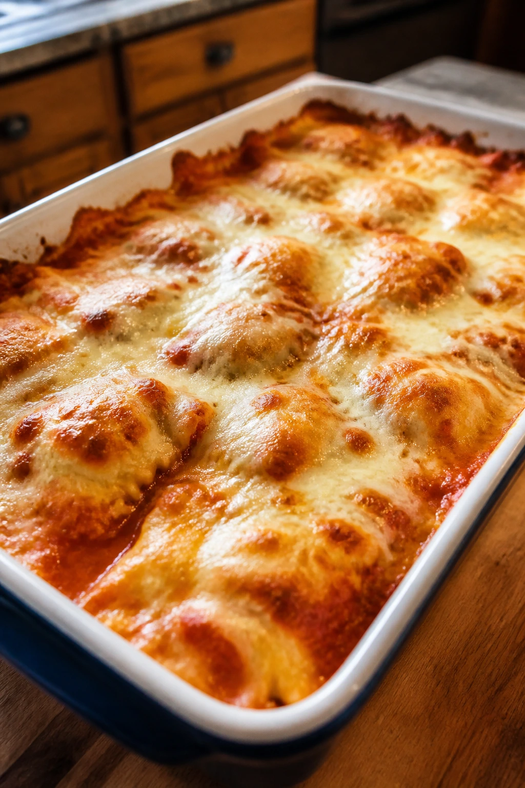 Cheesy baked ravioli casserole in a baking dish