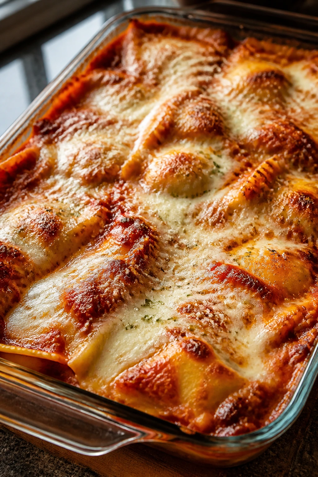 Close-up of bubbling baked ravioli casserole in a 9x13 dish with cheese and sauce.