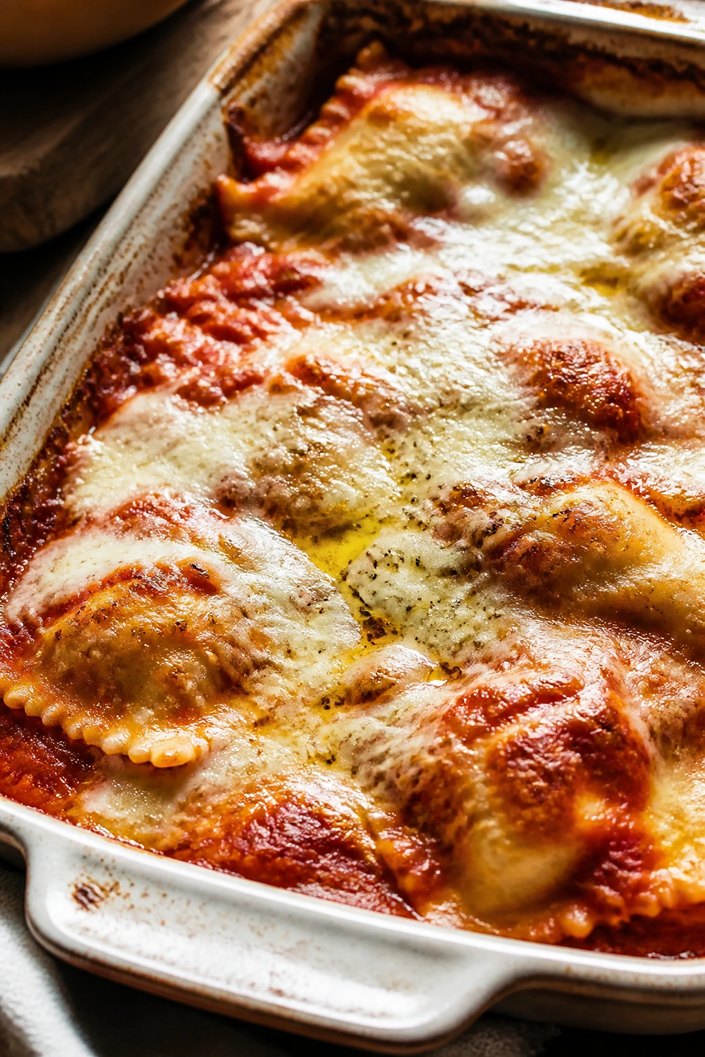 Baked ravioli with marinara and bubbling mozzarella in a baking dish