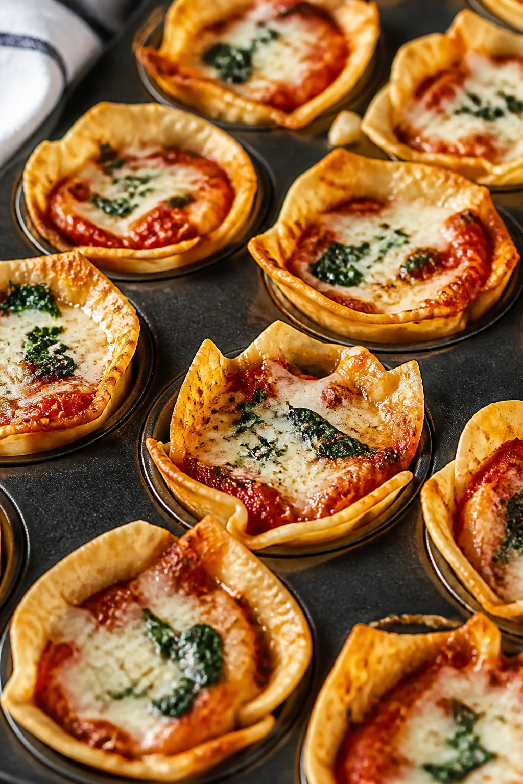Close-up of Baked Ravioli Cups in a muffin tin