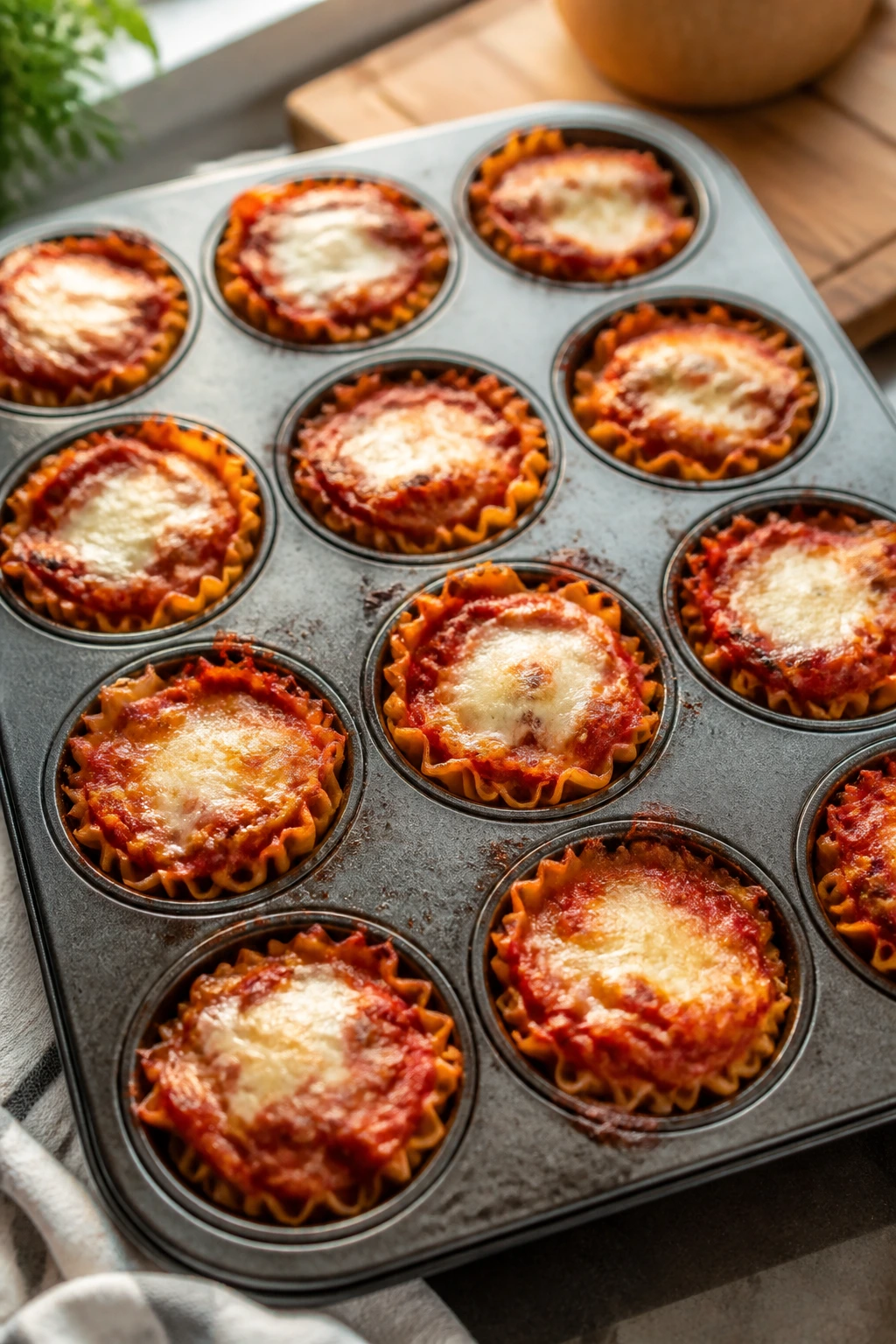 Muffin-tin ravioli cups with melted cheese and marinara