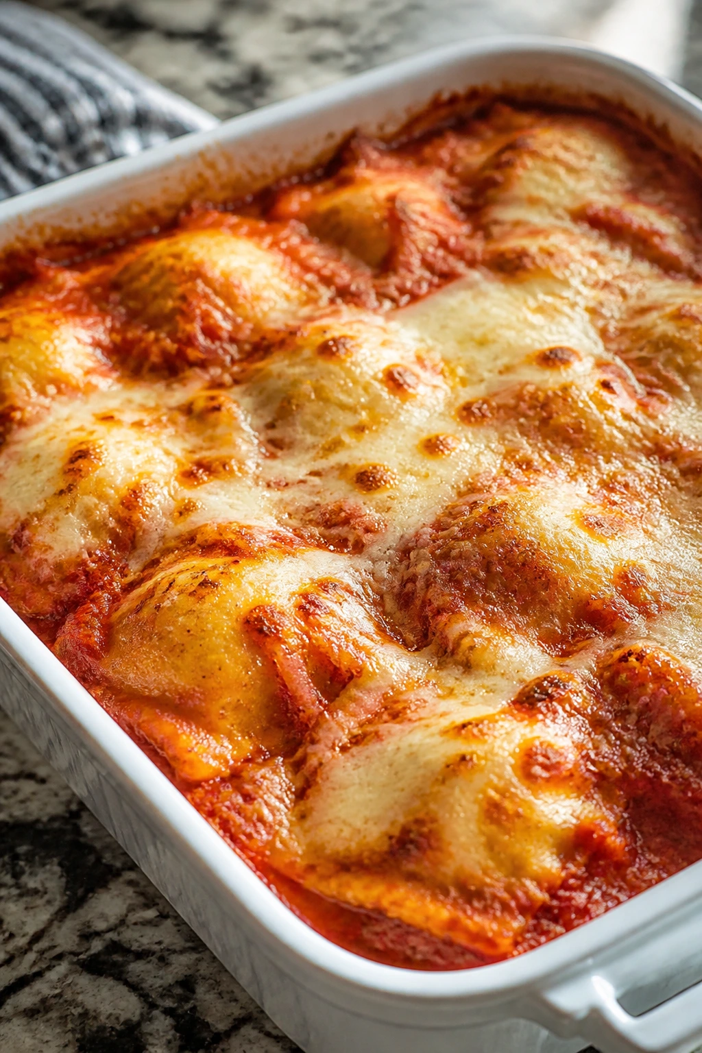 Close-up of baked ravioli in a baking dish