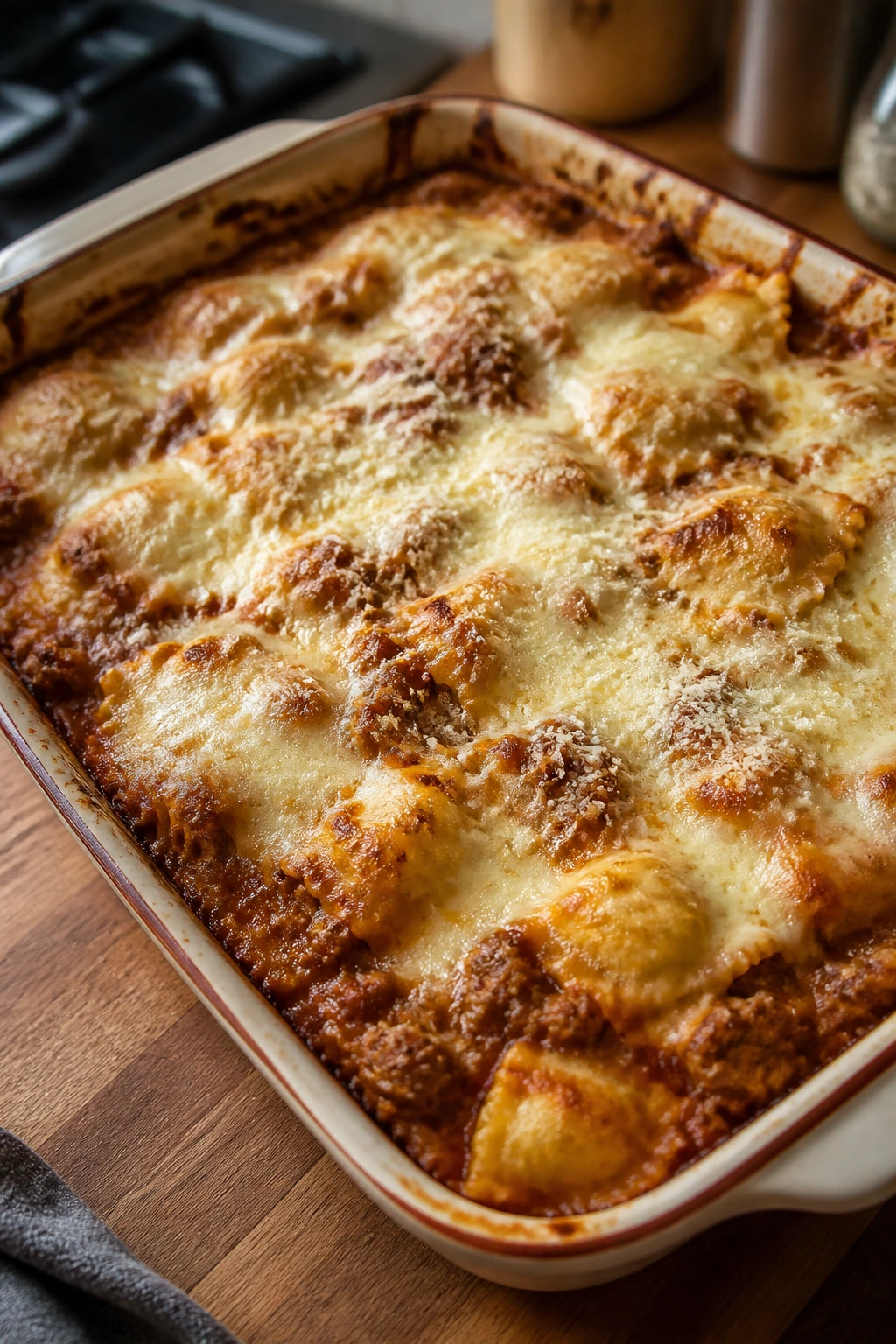 Baked ravioli with meat sauce in a baking dish
