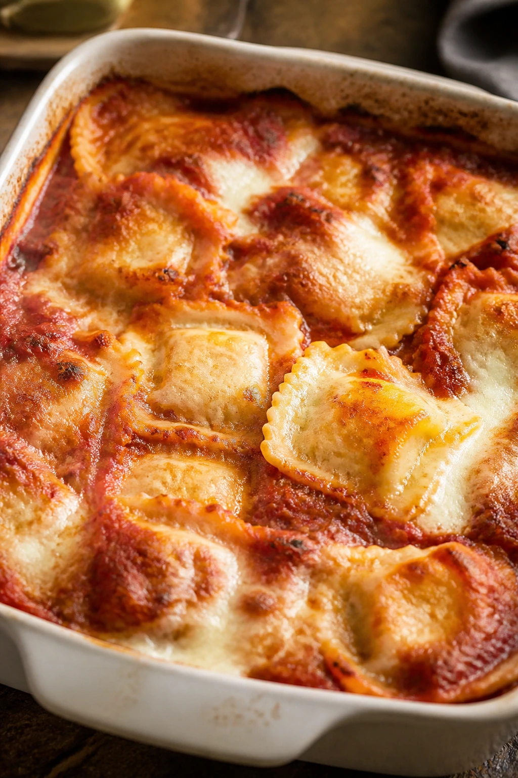 Close-up of baked ravioli in tomato sauce with mozzarella