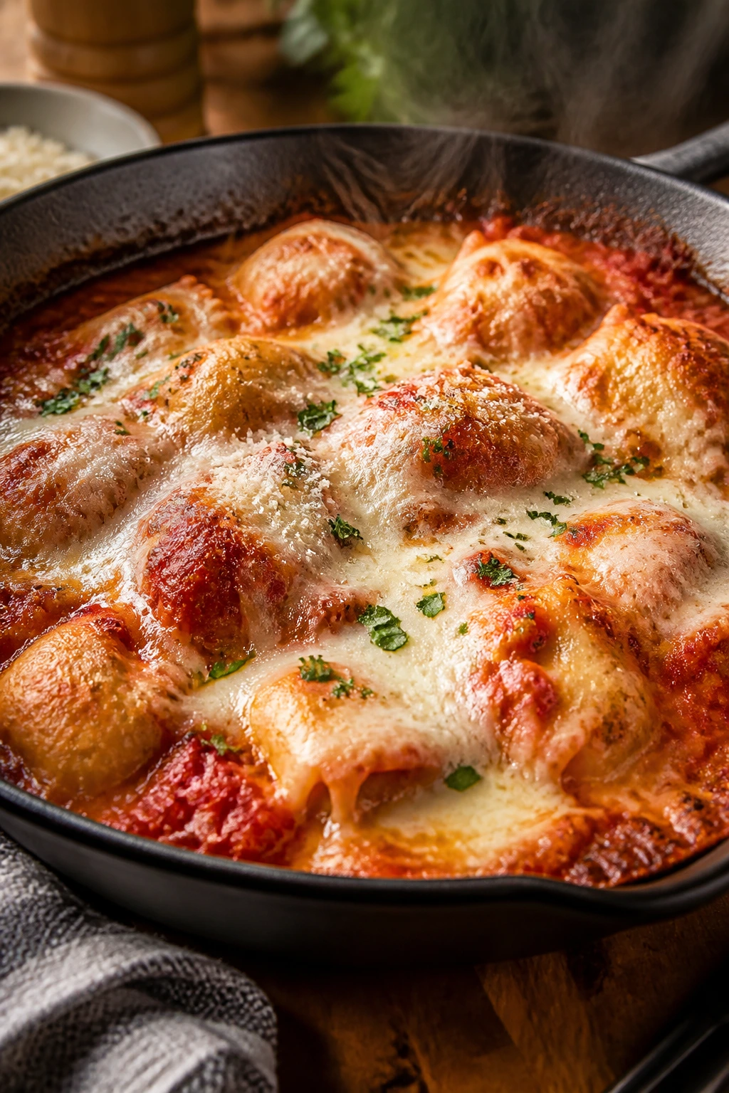 Close-up of bubbling baked ravioli in a skillet