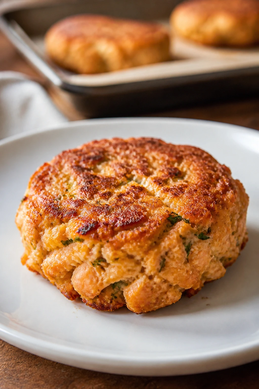 Close-up of a golden baked salmon cake on a white plate in a cozy kitchen