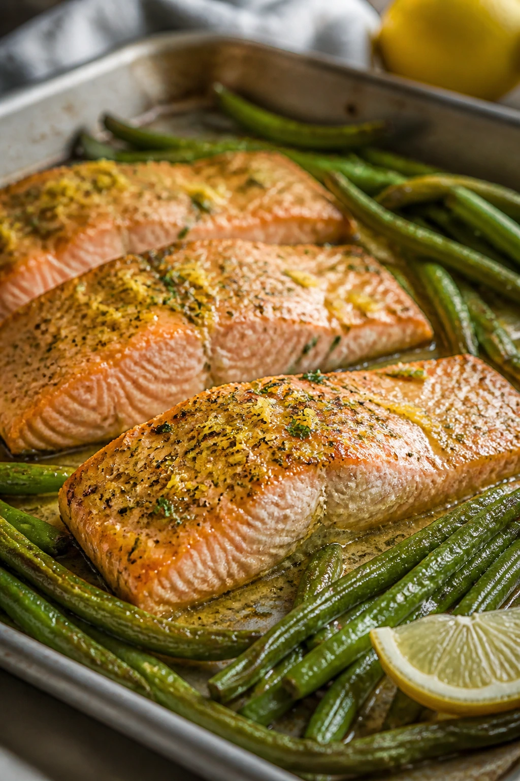 Salmon fillets with green beans on a sheet pan with lemon butter
