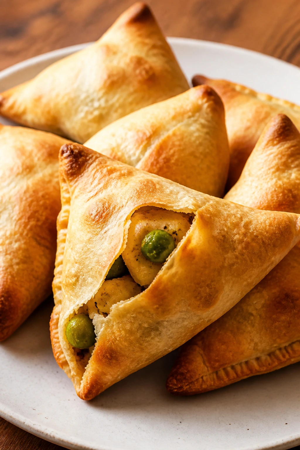 Close-up of baked samosa pockets on a plate.