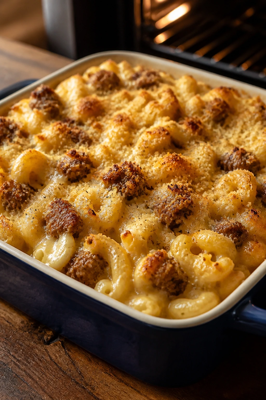 Close-up of bubbling baked sausage mac and cheese with breadcrumb topping