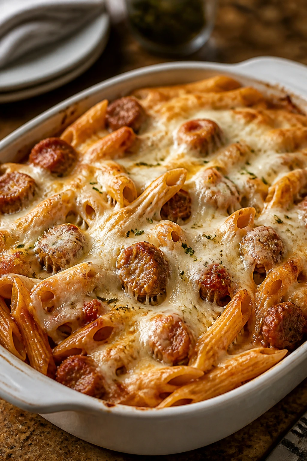 Bubbly baked pasta with sausage and mozzarella on a dish