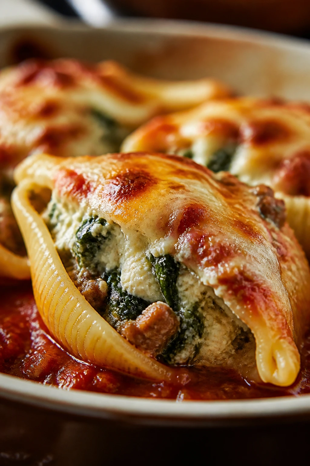 Close-up of a stuffed baked shell sausage ricotta spinach