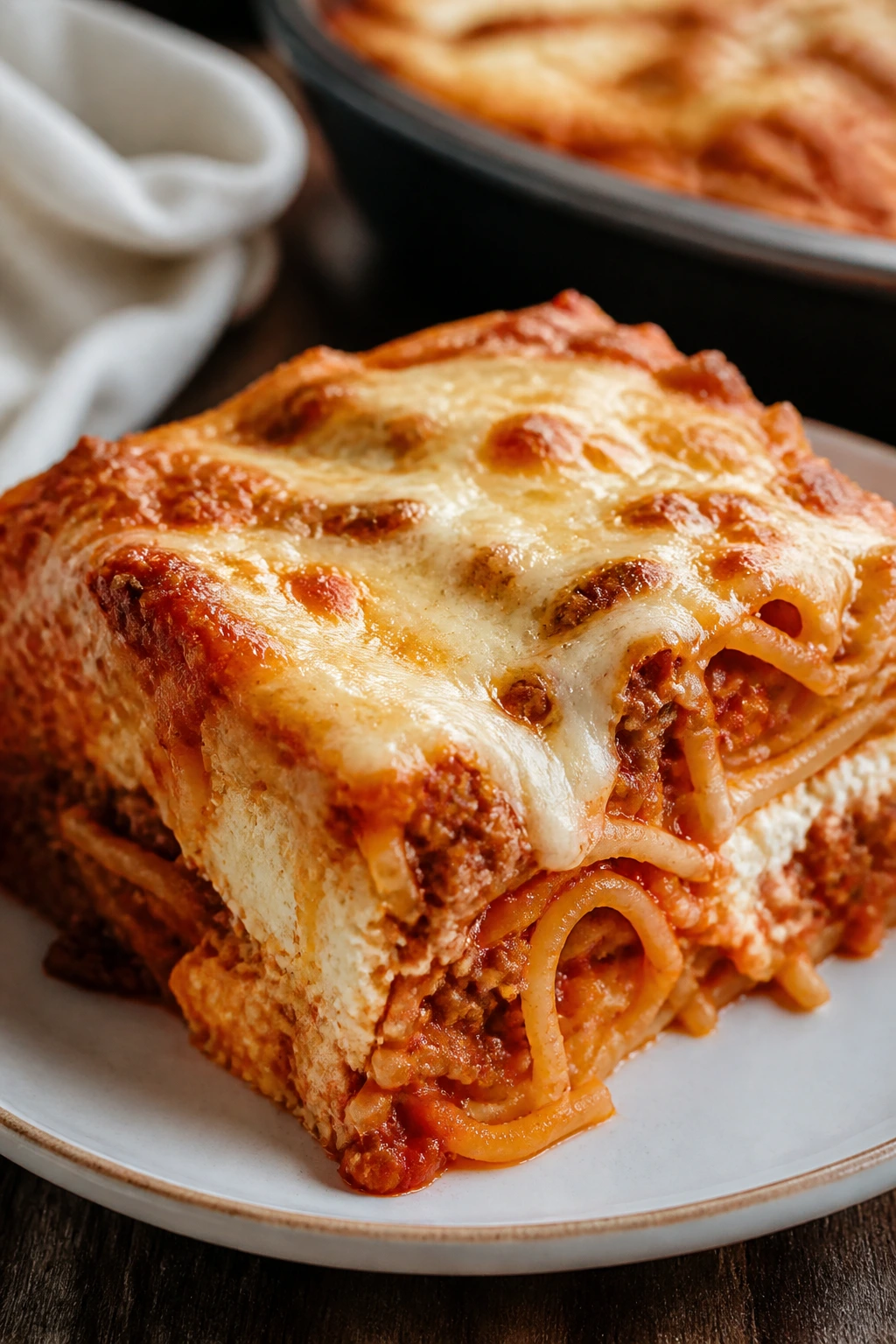 Slice of baked spaghetti casserole on plate