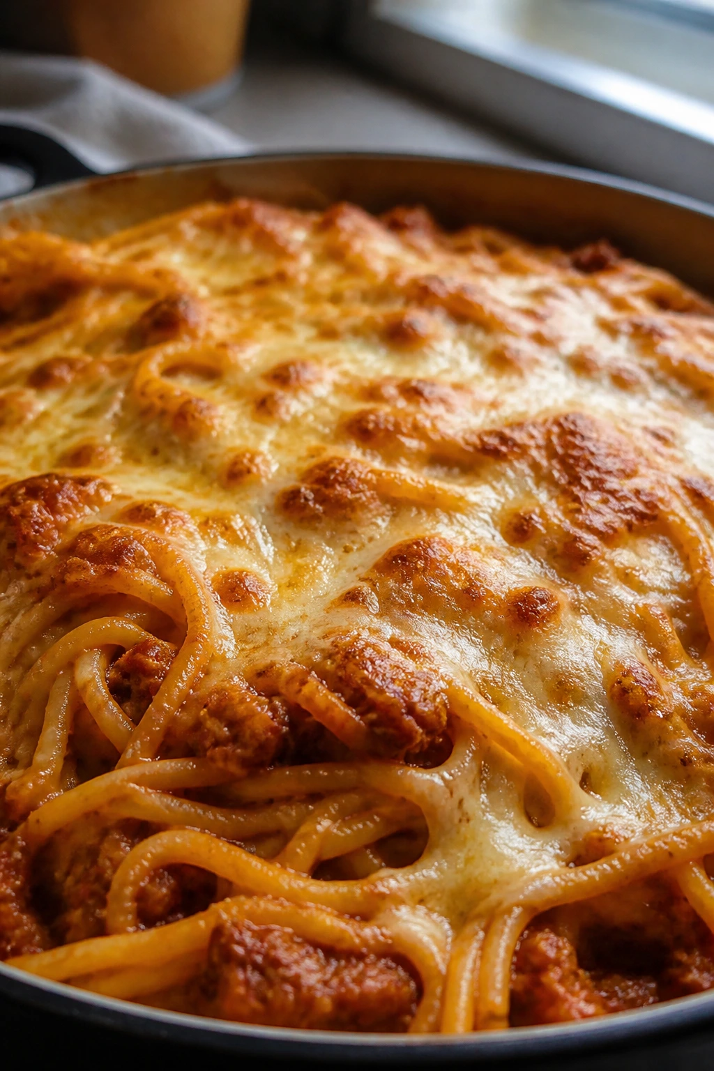 Close-up of bubbling cheesy baked spaghetti with browned top