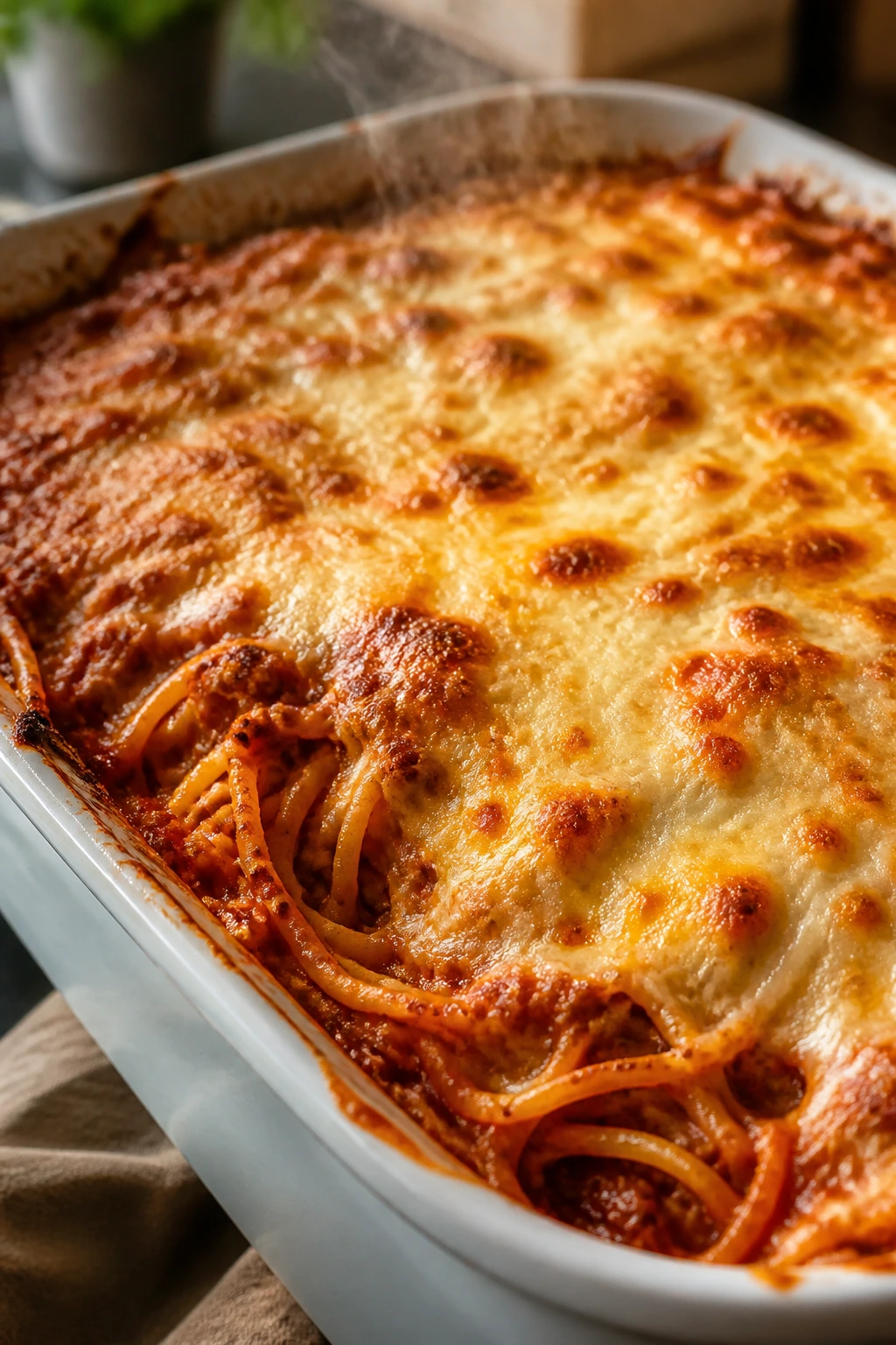 Close-up of a golden-brown cheesy baked spaghetti