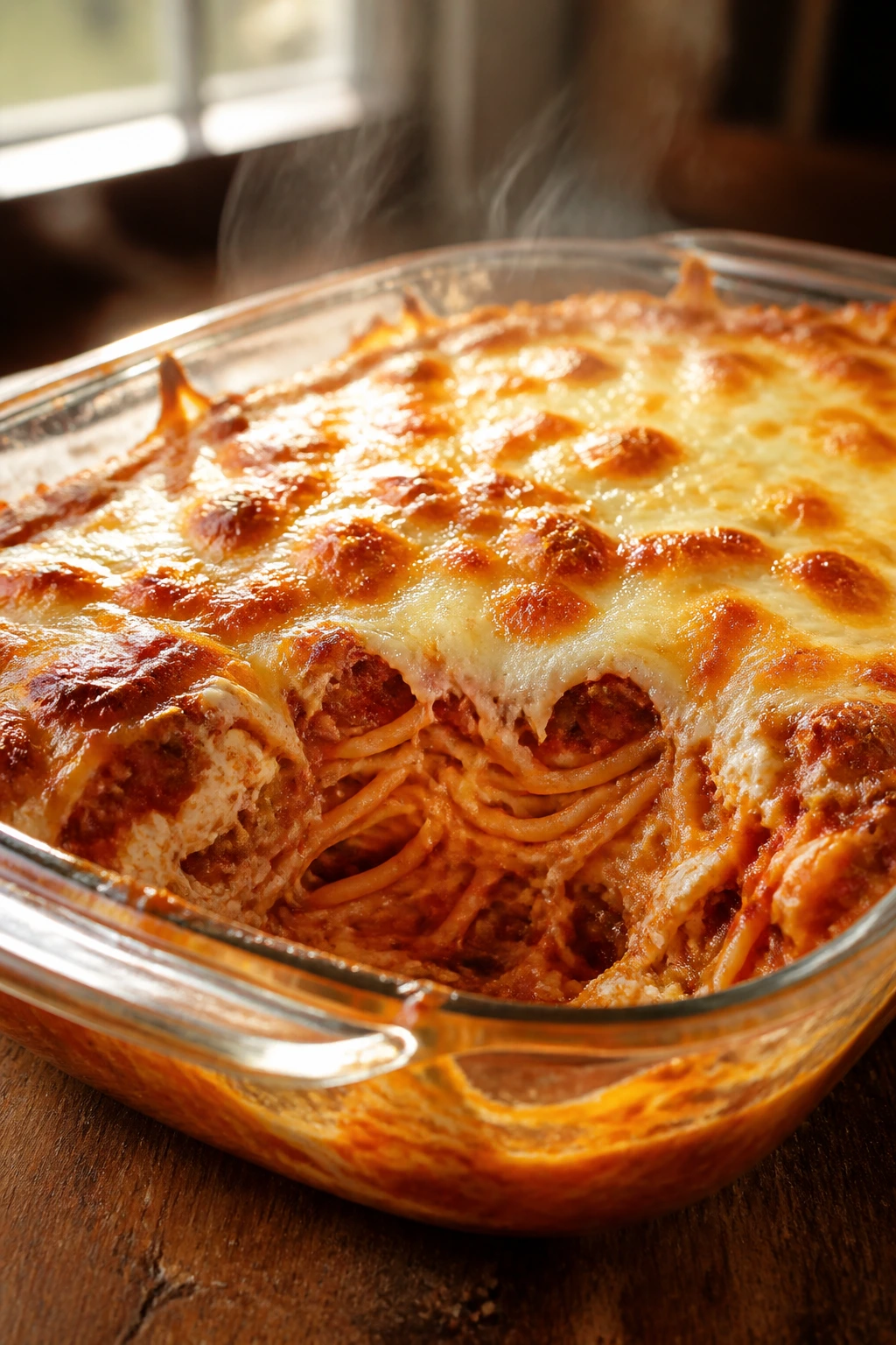 Close-up of bubbling cheesy baked spaghetti in a glass dish with ricotta and mozzarella