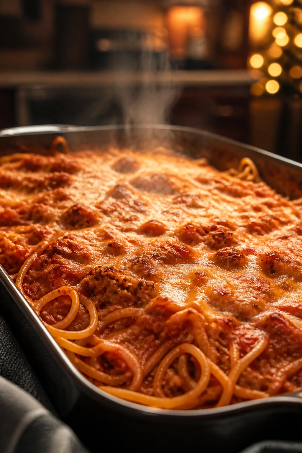 Pan of baked spaghetti in a cozy kitchen with warm lighting