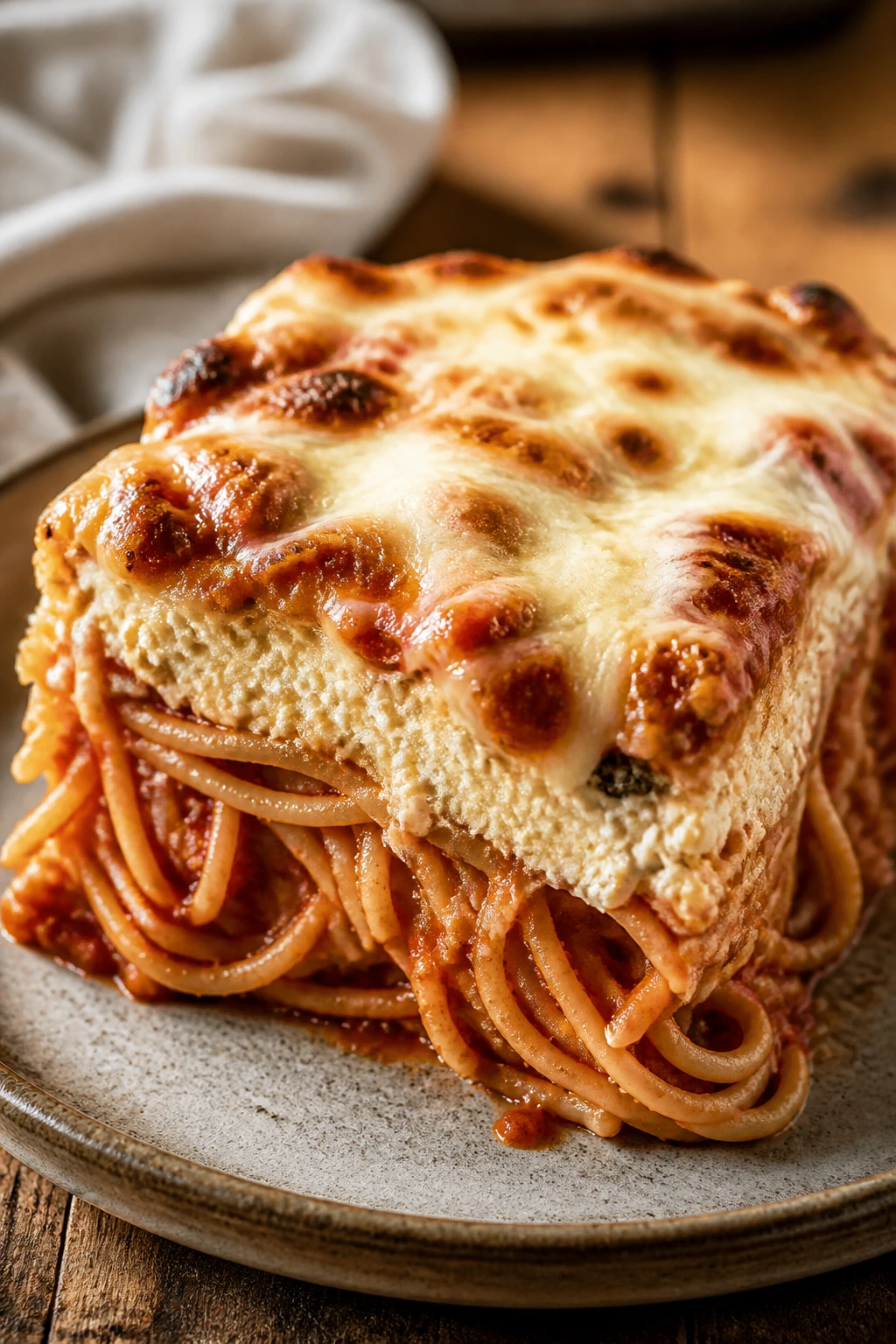 Slice of cheesy baked spaghetti with ricotta and mozzarella on a plate