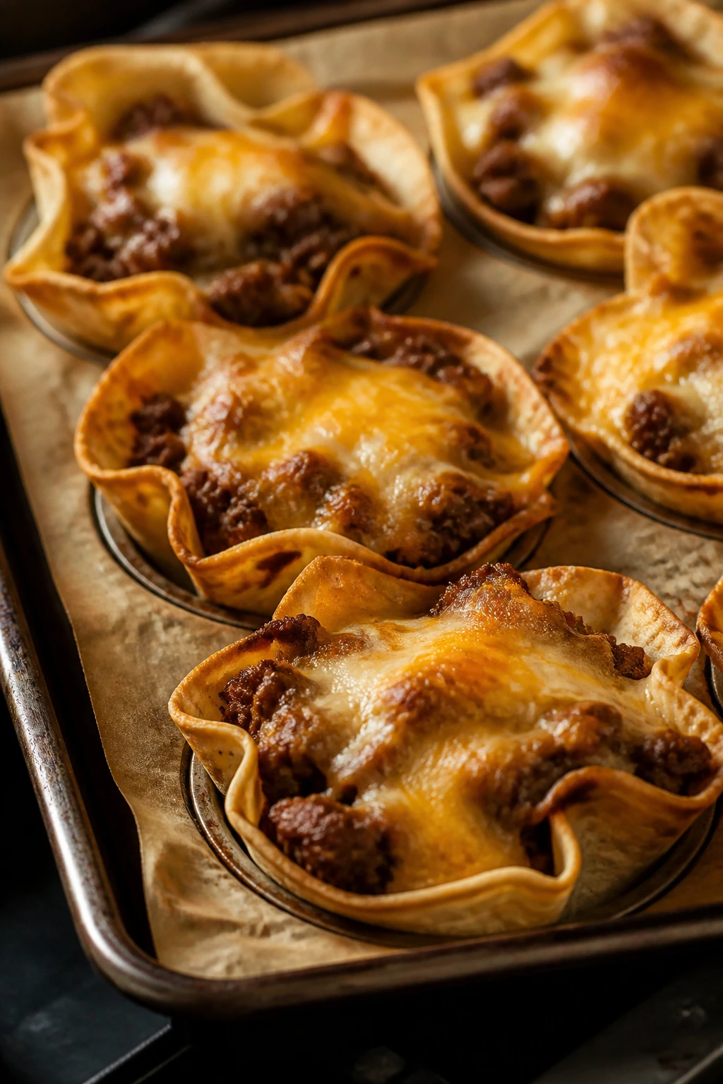 Close-up of baked beef taco boats with bronzed cheese in muffin tin