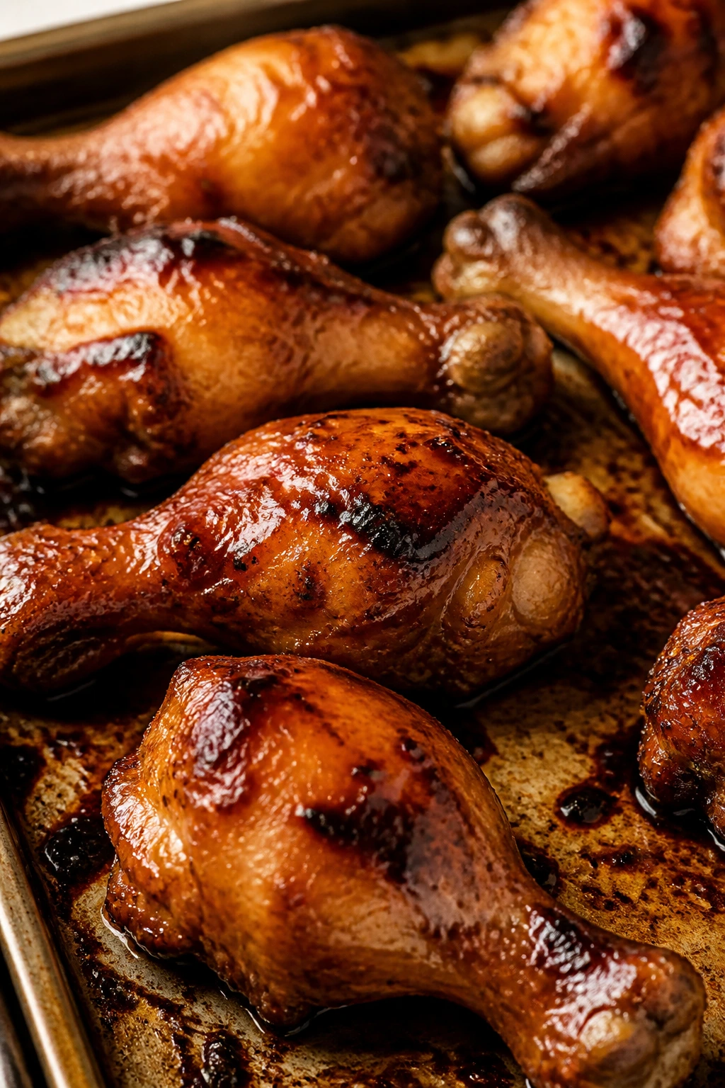 lacquered baked teriyaki chicken drumsticks on a baking sheet