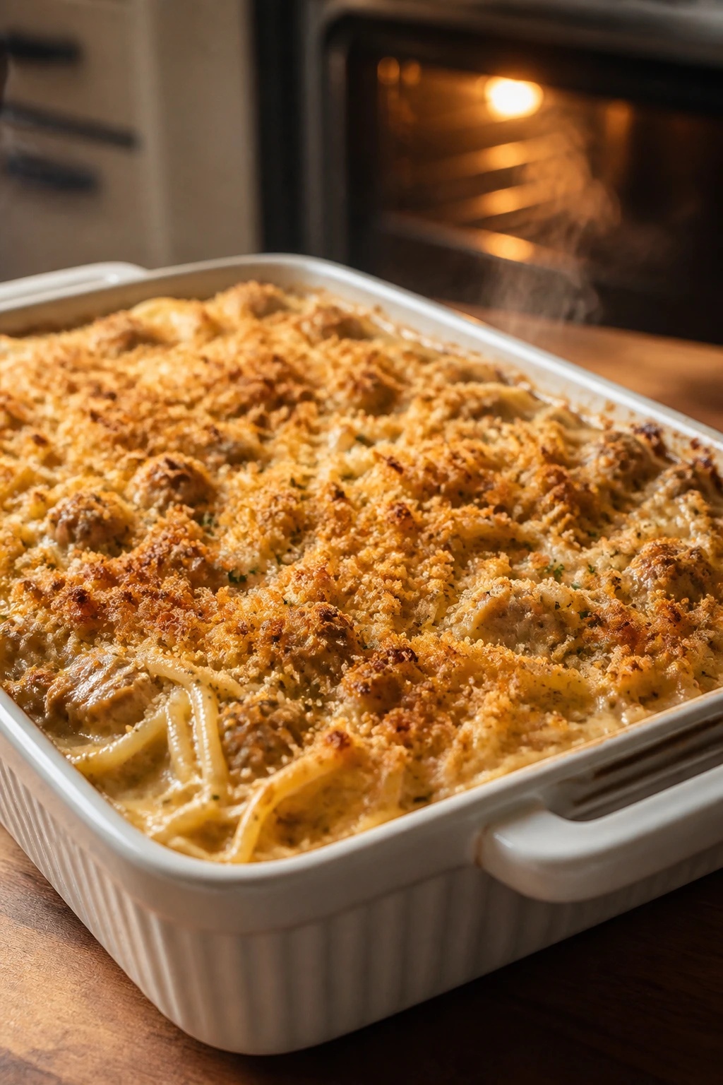 Golden baked tetrazzini in a baking dish just from the oven