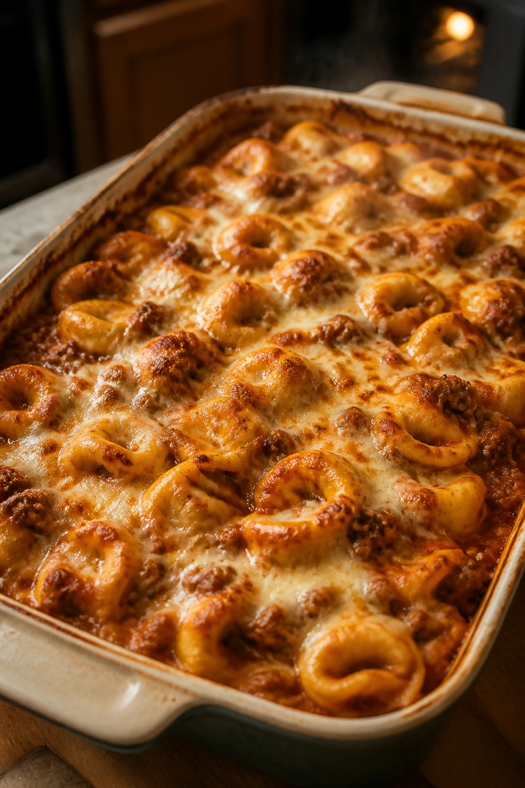 Baked tortellini with meat sauce and browned cheese in a baking dish