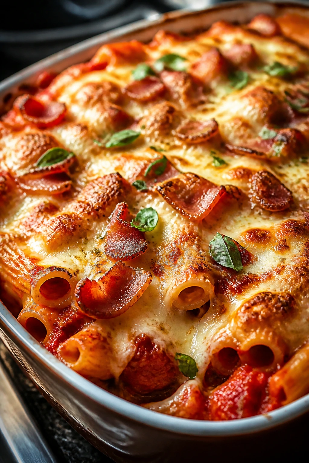Baked ziti with tomato bacon sauce and melted cheese