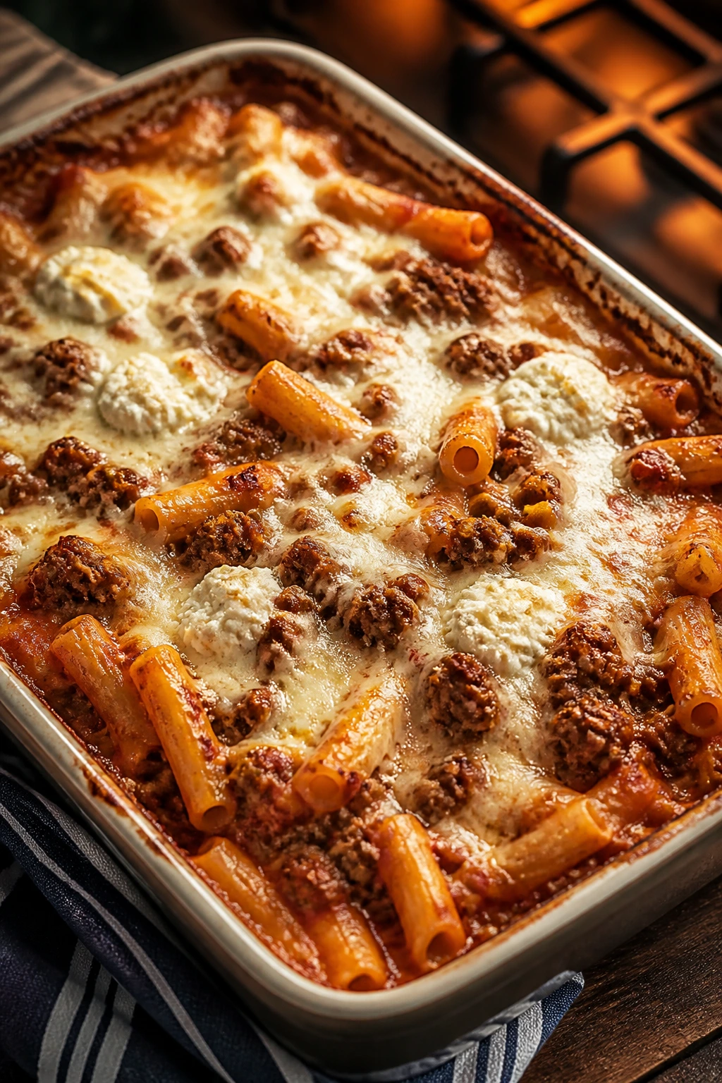 Bubbly baked ziti with beef and cheese in a casserole dish