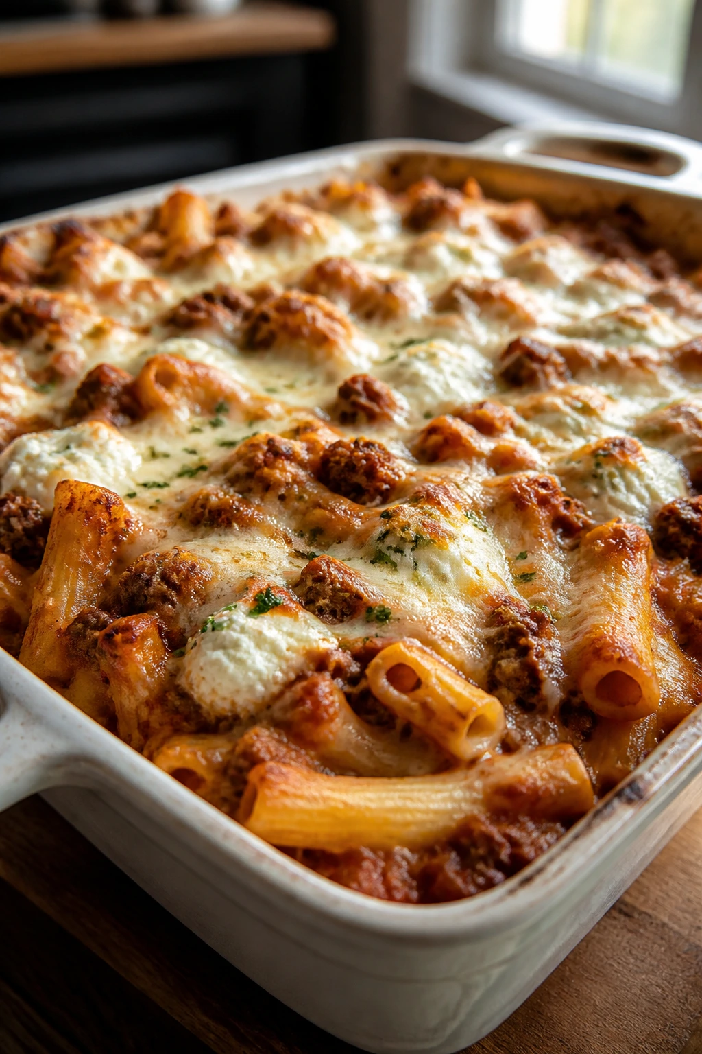 Close-up of bubbling baked ziti with beef, ricotta pockets, and mozzarella crust in a ceramic dish on a wooden counter