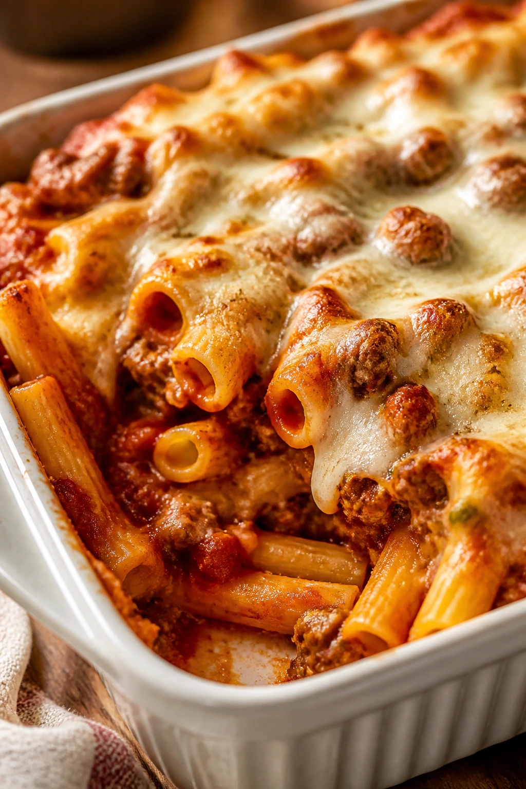 Cheesy baked ziti with melted mozzarella in a baking dish