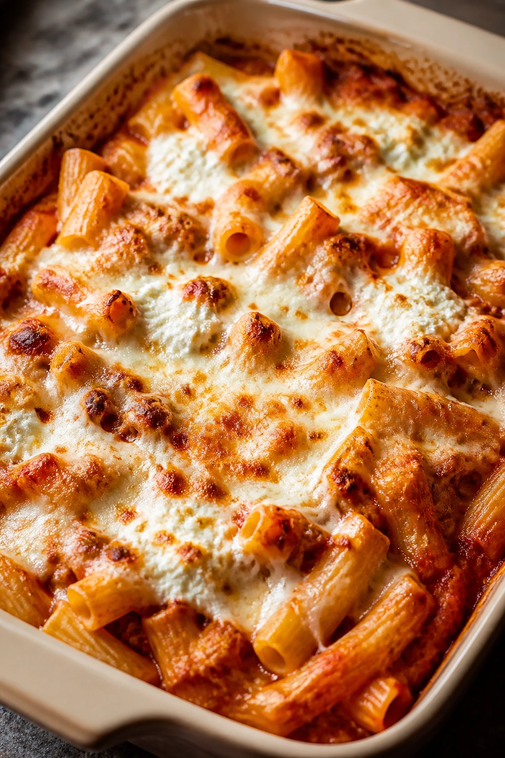 Baked ziti with melted cheese in a casserole dish