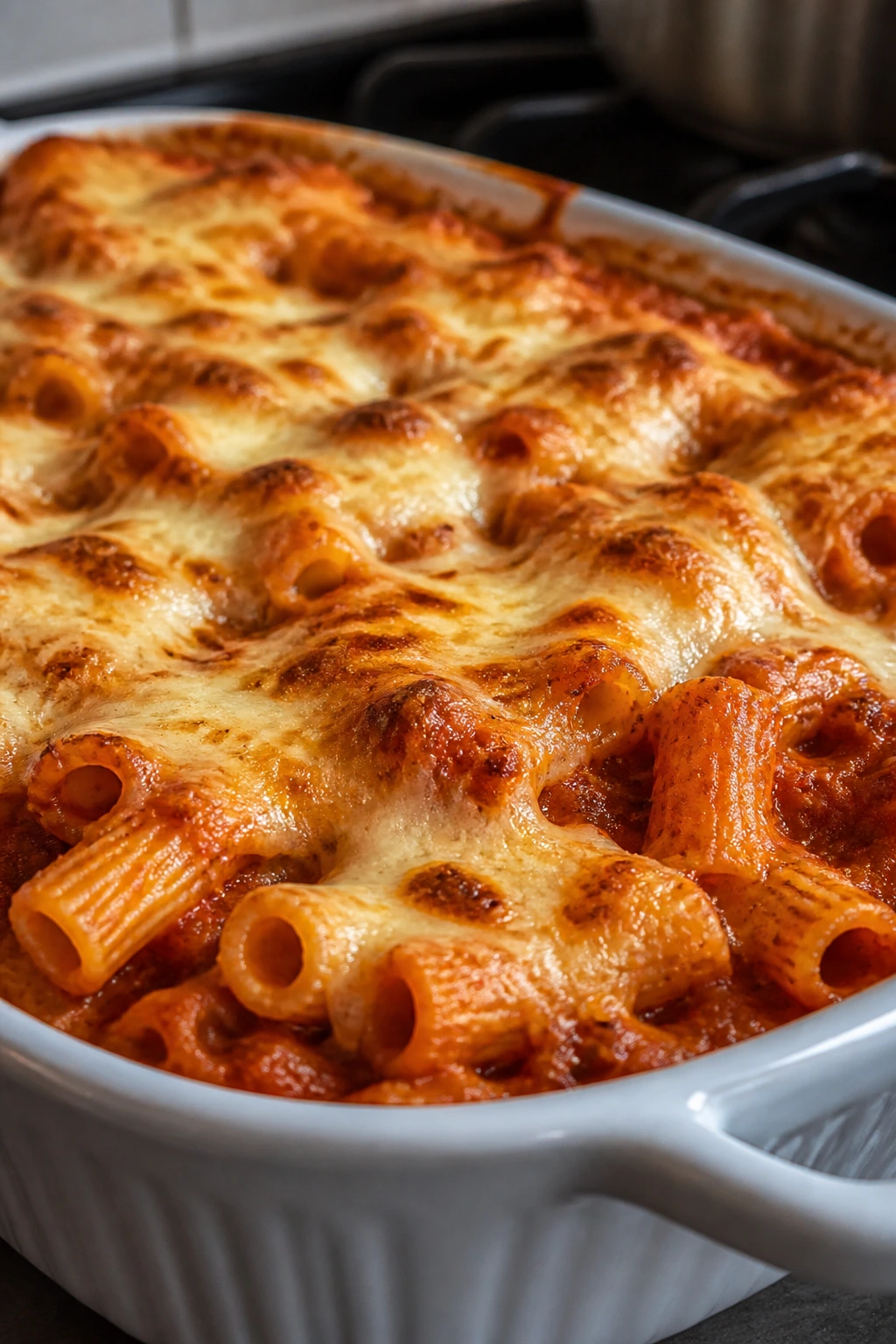 Close-up of cheesy baked ziti in a baking dish with a browned top
