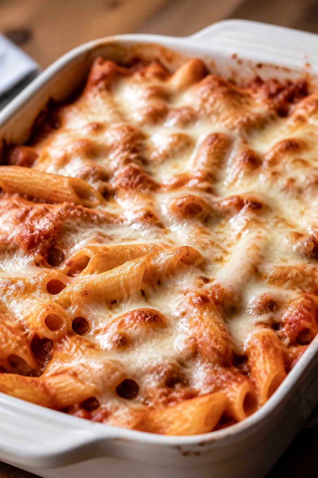 Close-up baked ziti with melted mozzarella in a baking dish