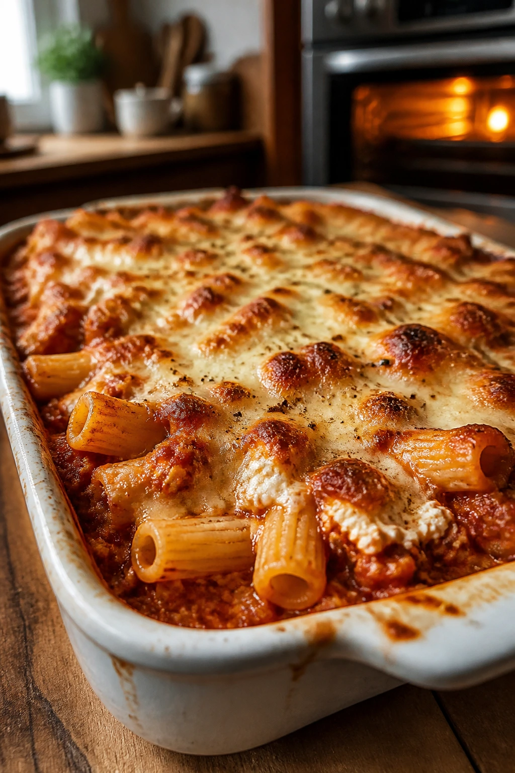 Baked ziti with cottage cheese in a baking dish