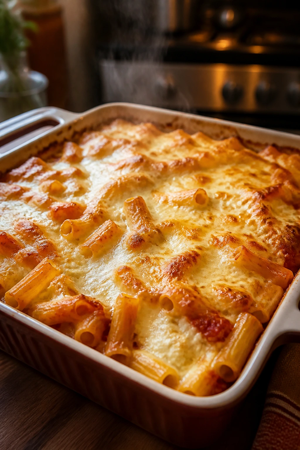 Close-up of bubbling baked ziti with cottage cheese in a warm kitchen
