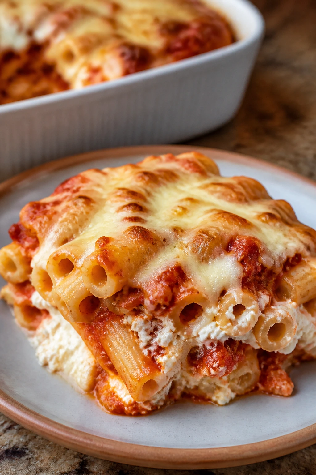 Slice of baked ziti with mozzarella and cottage cheese on a plate