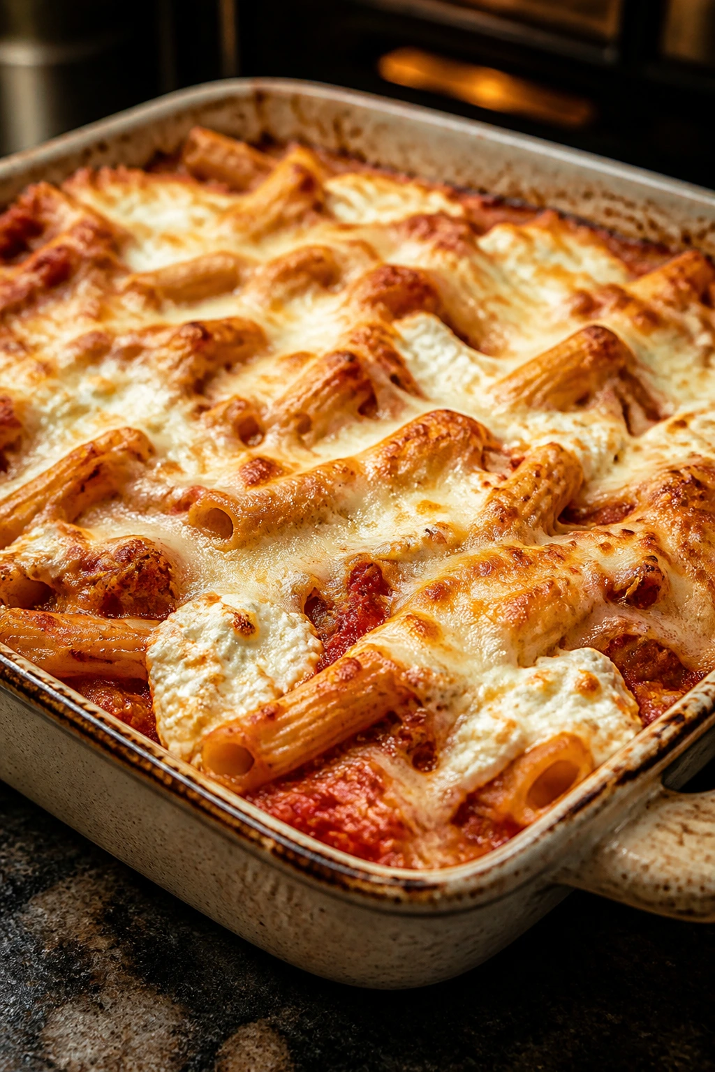 Baked ziti with cottage cheese bubbling in a dish