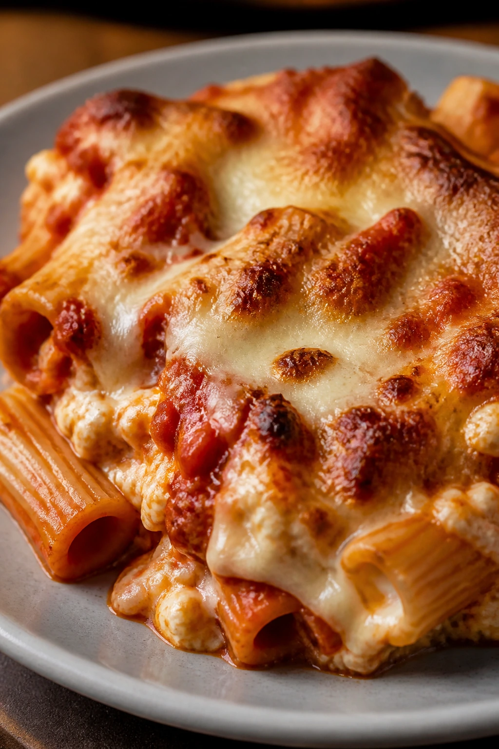 Baked ziti with cottage cheese on a plate
